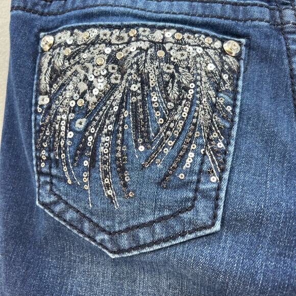 Miss Me Jeans Women's 29x29.5 (8) Dark Blue Easy Skinny Sequins Flower Bling - Picture 4 of 14